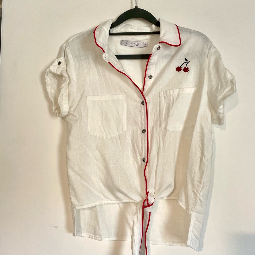 Billy T cherry embroidered tie-front button up linen shirt